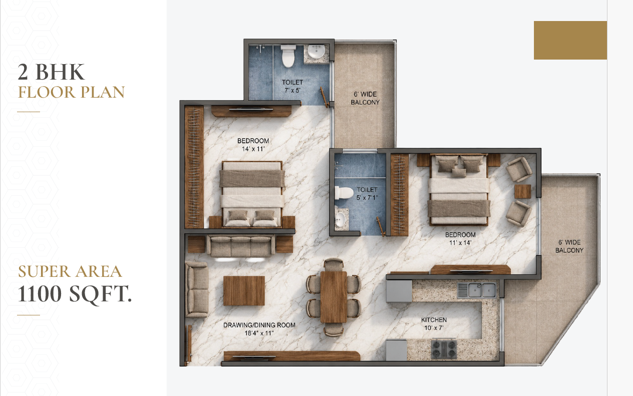 Emerald Highrise 2 BHK floor plan 1100 sq ft Sector 97 Faridabad