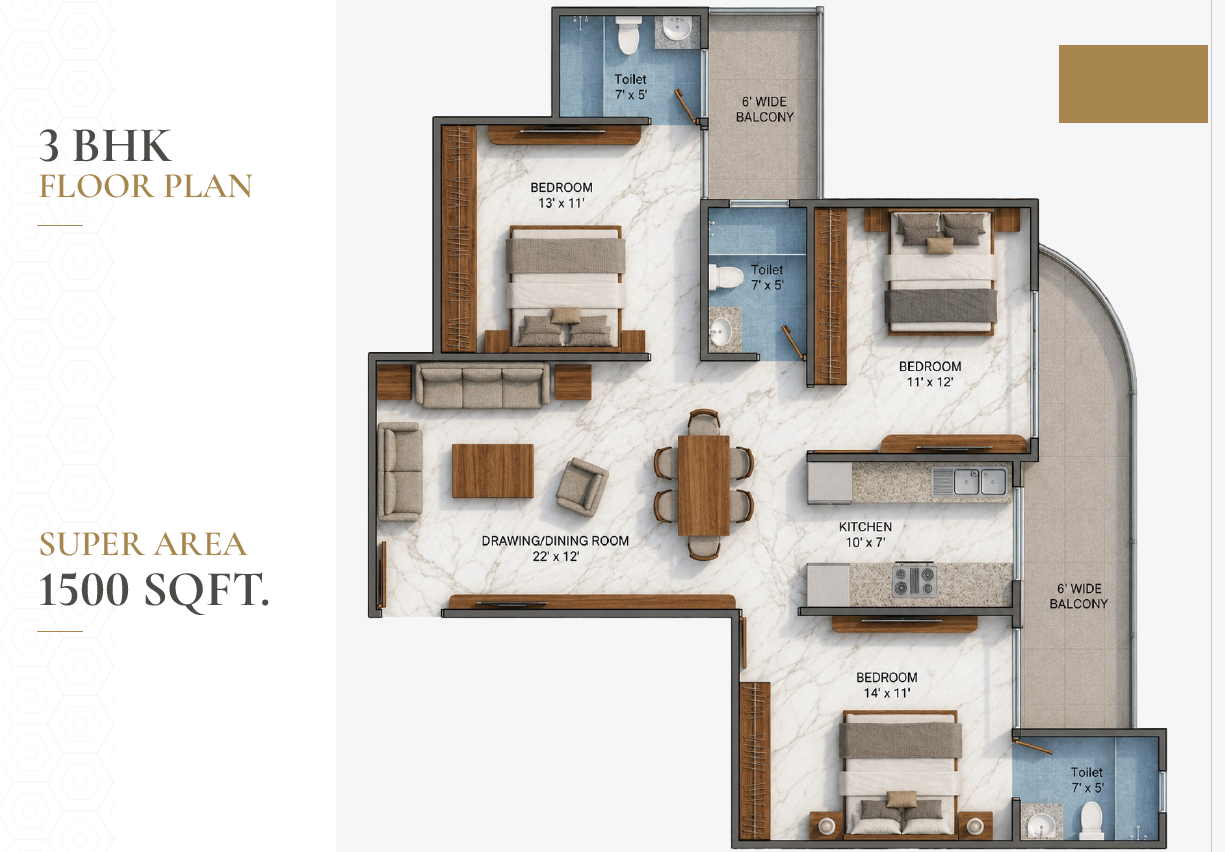 Emerald Highrise 3 BHK floor plan 1500 sq ft Sector 97 Faridabad